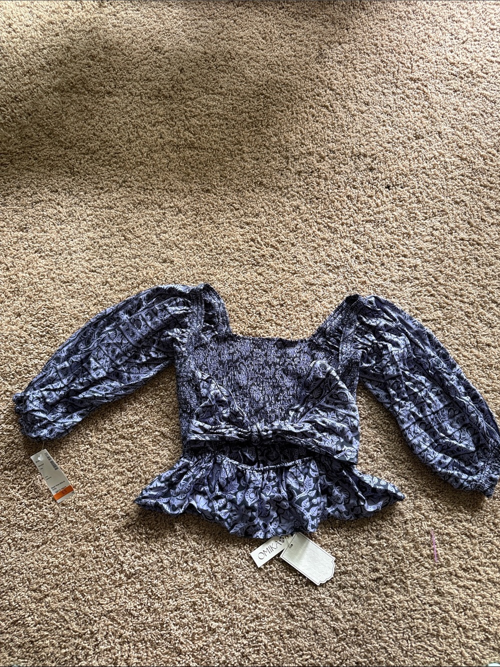 Floral Smocked Peplum Blouse in Navy by Ombré/Unknown